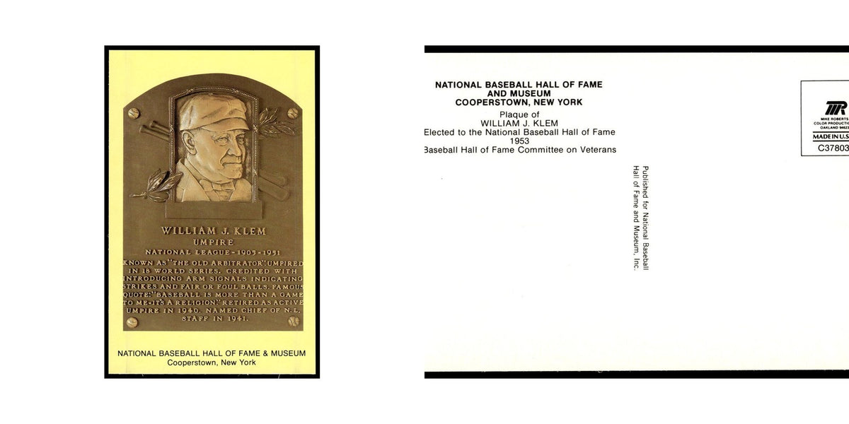 William Klem 1993 National Baseball Hall Of Fame Plaque Postcard Yellow #nan EX