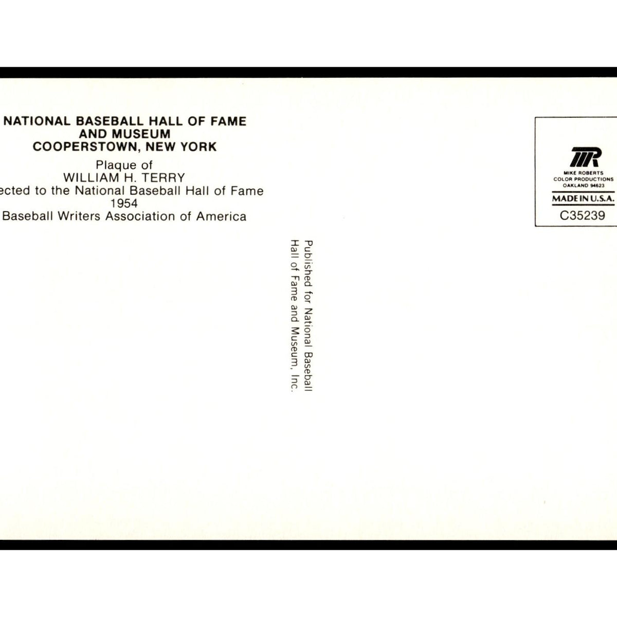William Terry 1993 National Baseball Hall Of Fame Plaque Postcard Yellow #nan EX