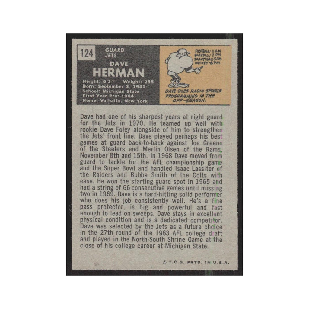 1971 Topps Dave Herman Jets #124