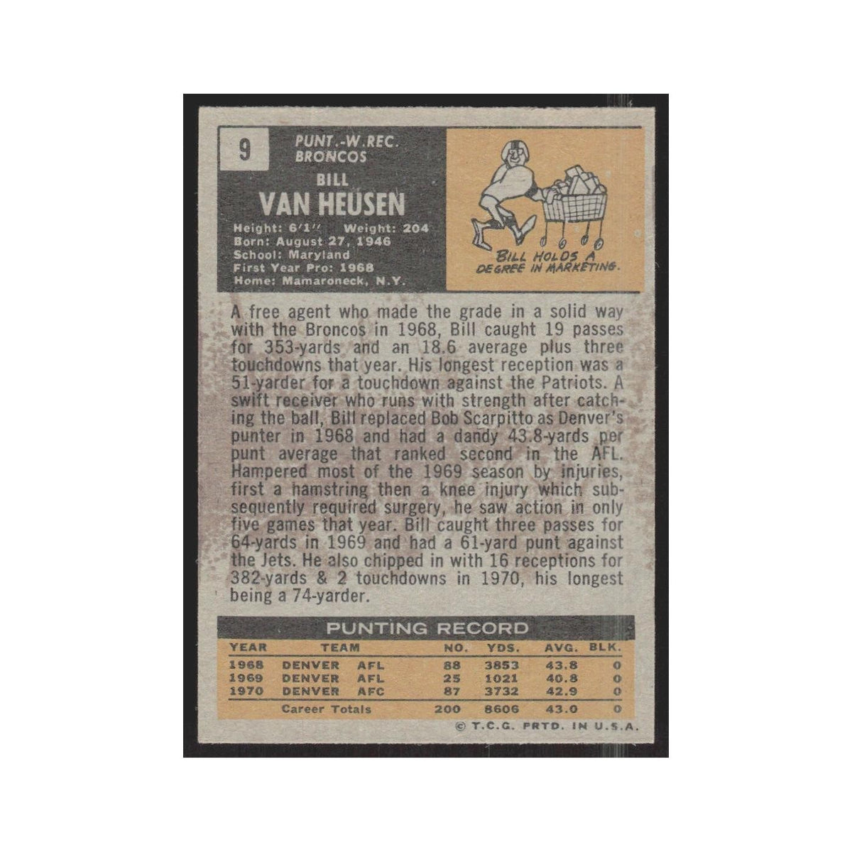 1971 Topps Bill Van Heusen Broncos #9
