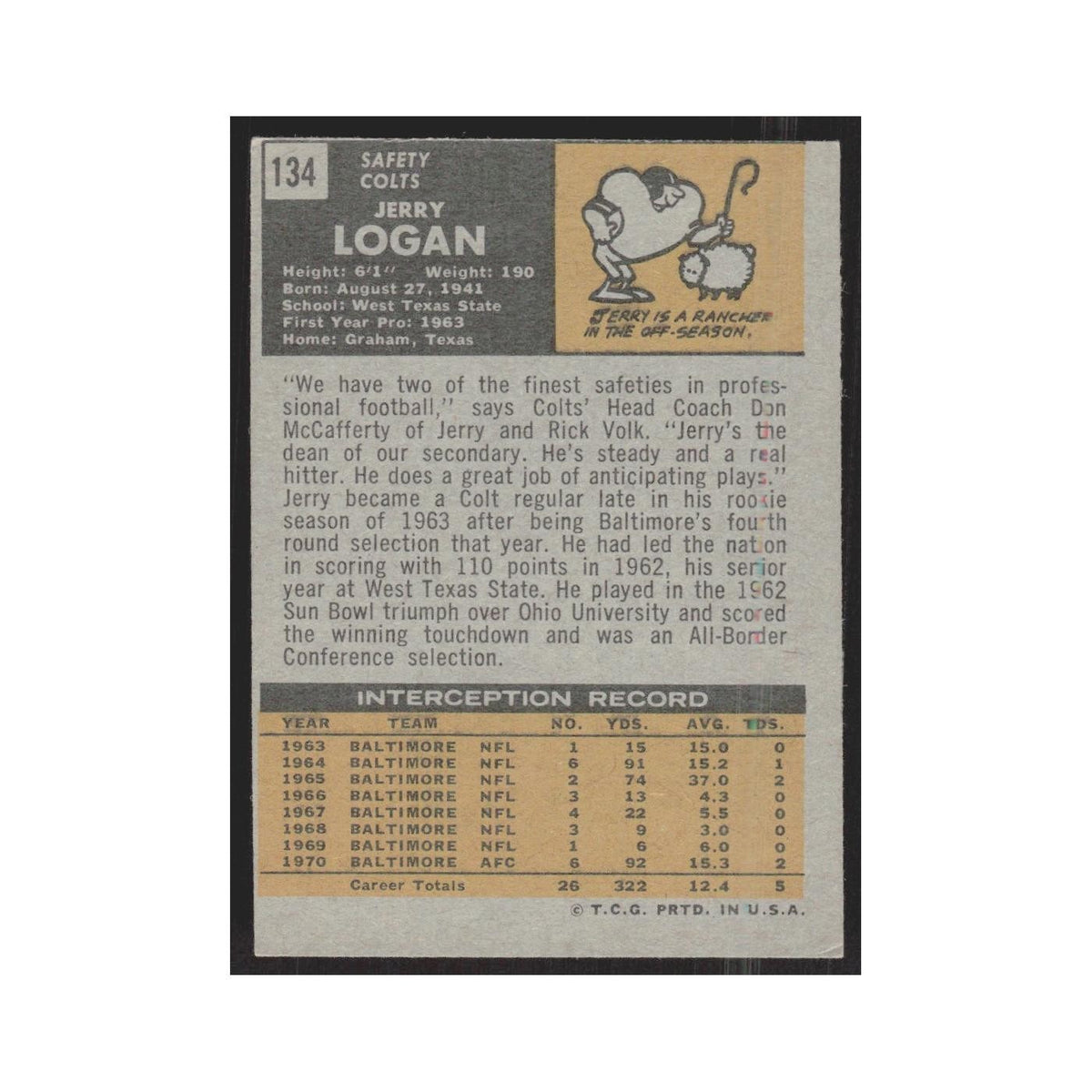 1971 Topps Jerry Logan Baltimore Colts #134