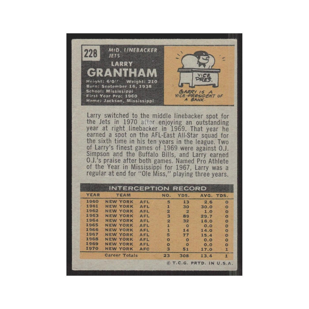 1971 Topps Larry Grantham Jets #228