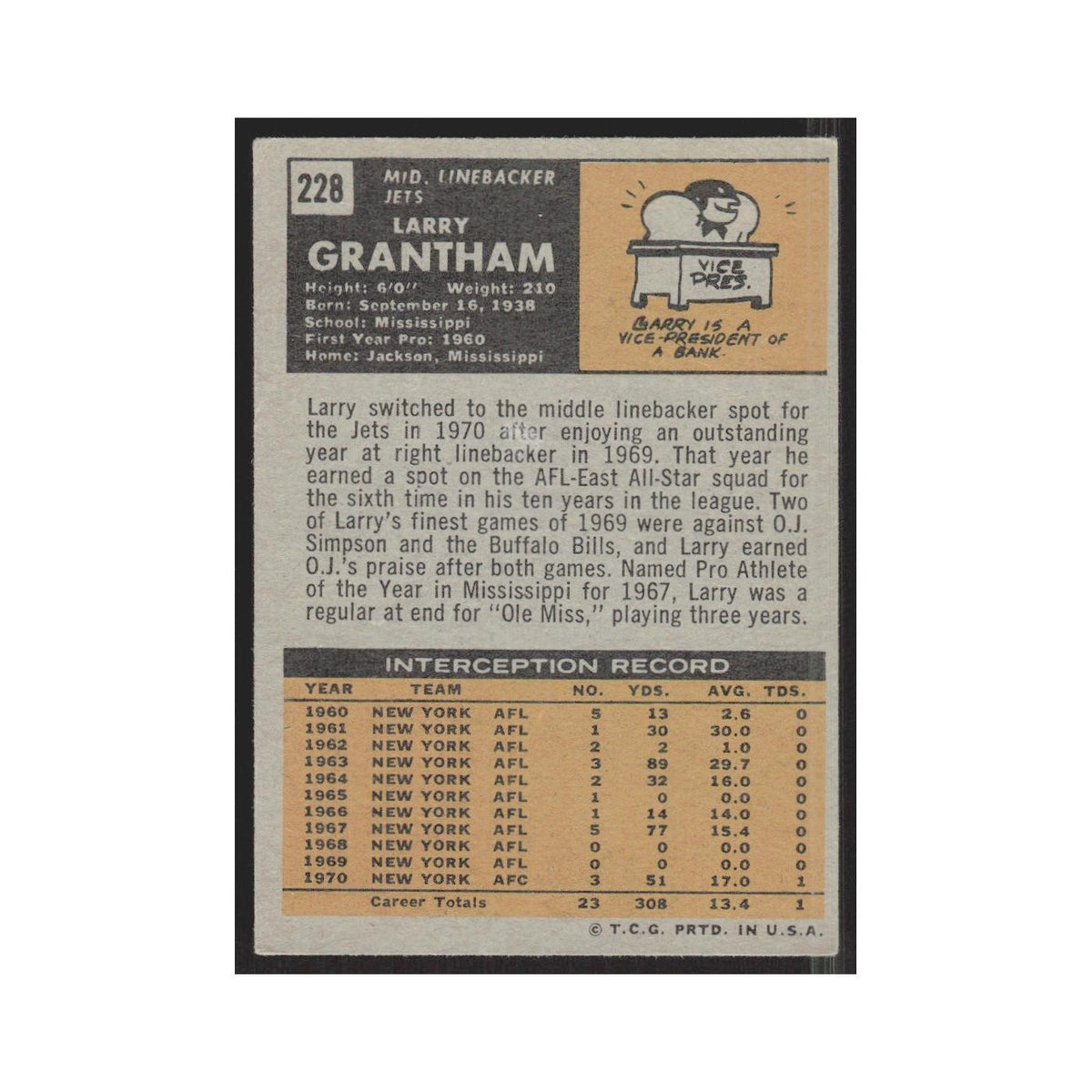 1971 Topps Larry Grantham Jets #228