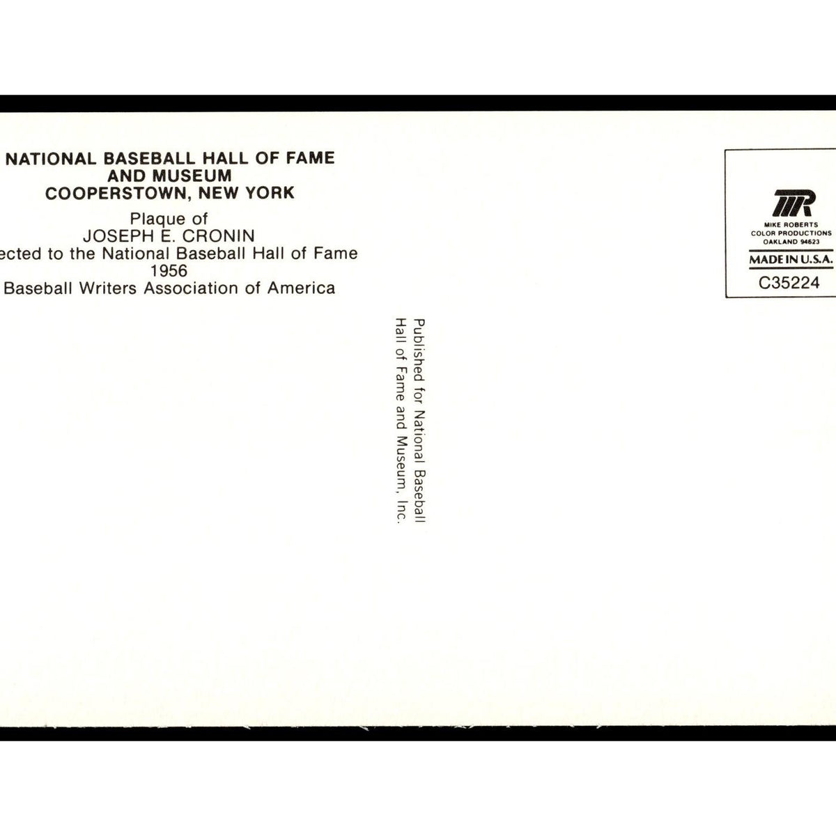 Joseph E. Cronin 1993 National Baseball Hall of Fame Plaque Postcards #nan EX