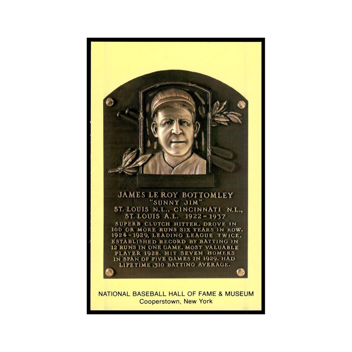 James L. Bottomley 1993 National Baseball Hall of Fame Plaque Postcards #nan EX