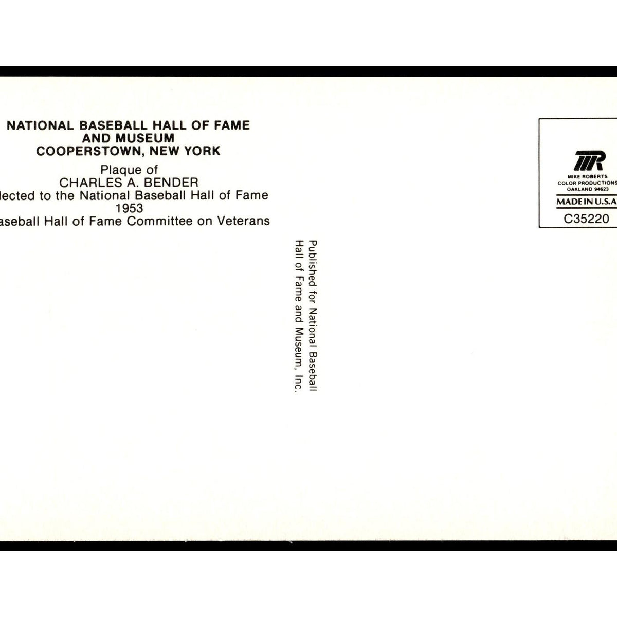 Charles A. Bender 1993 National Baseball Hall of Fame Plaque Postcards #nan EX