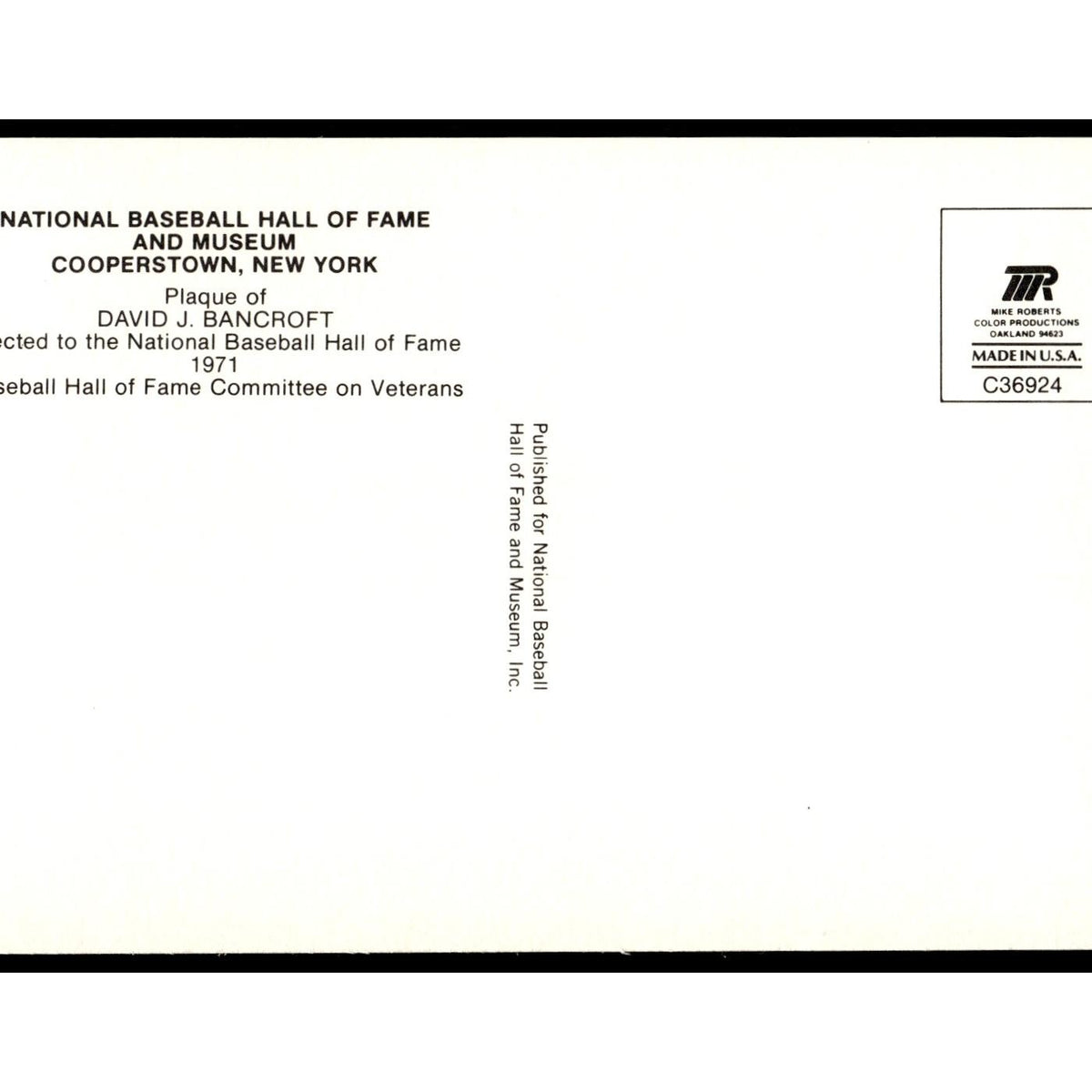 David J. Bancroft 1993 National Baseball Hall of Fame Plaque Postcards #nan EX