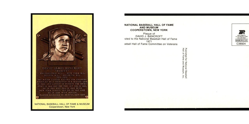 David J. Bancroft 1993 National Baseball Hall of Fame Plaque Postcards #nan EX