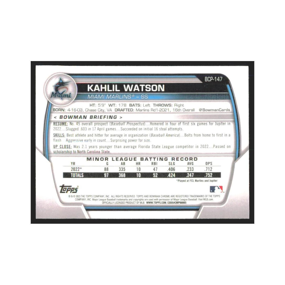 2023 Bowman Chrome Kahlil Watson Marlins #BCP-147