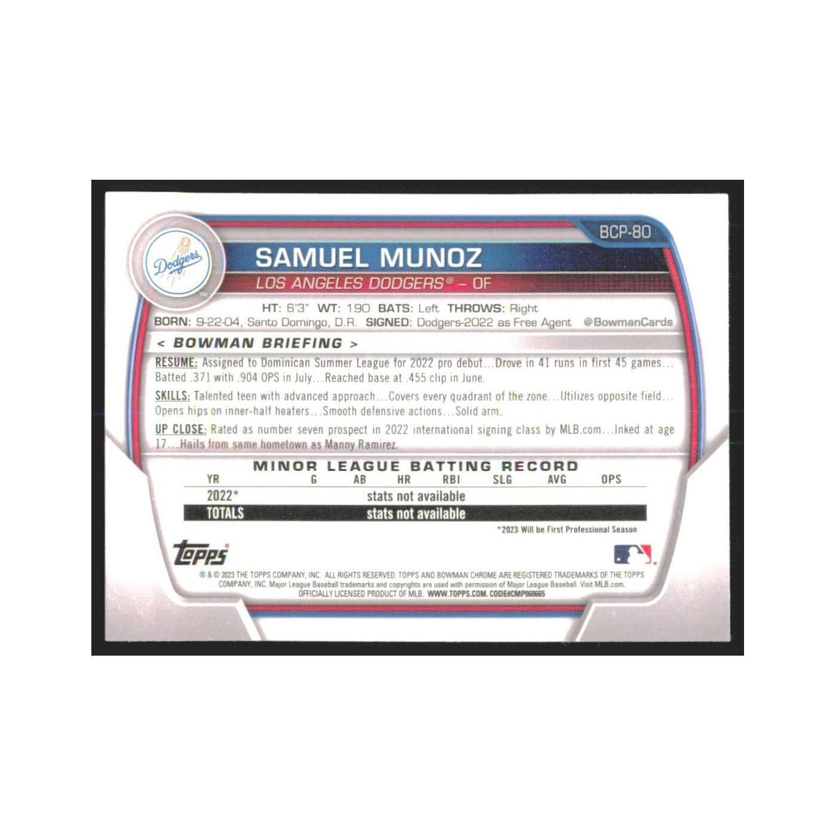 2023 Bowman Chrome Samuel Munoz Dodgers #BCP-80