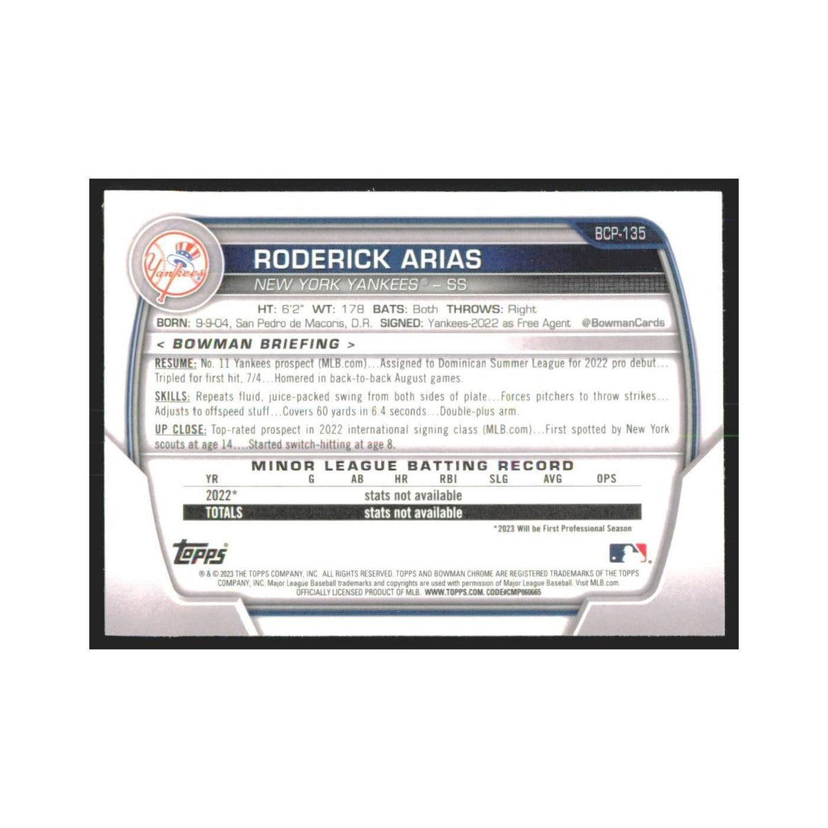 2023 Bowman Chrome Roderick Arias Yankees #BCP-135