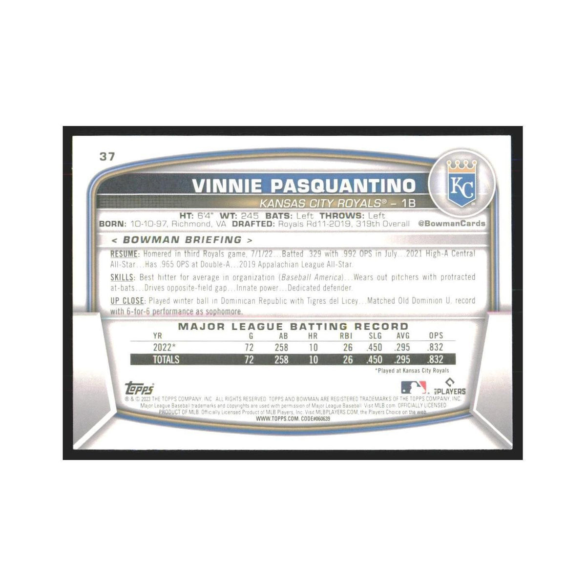 2023 Bowman Vinnie Pasquantino RC Royals #37