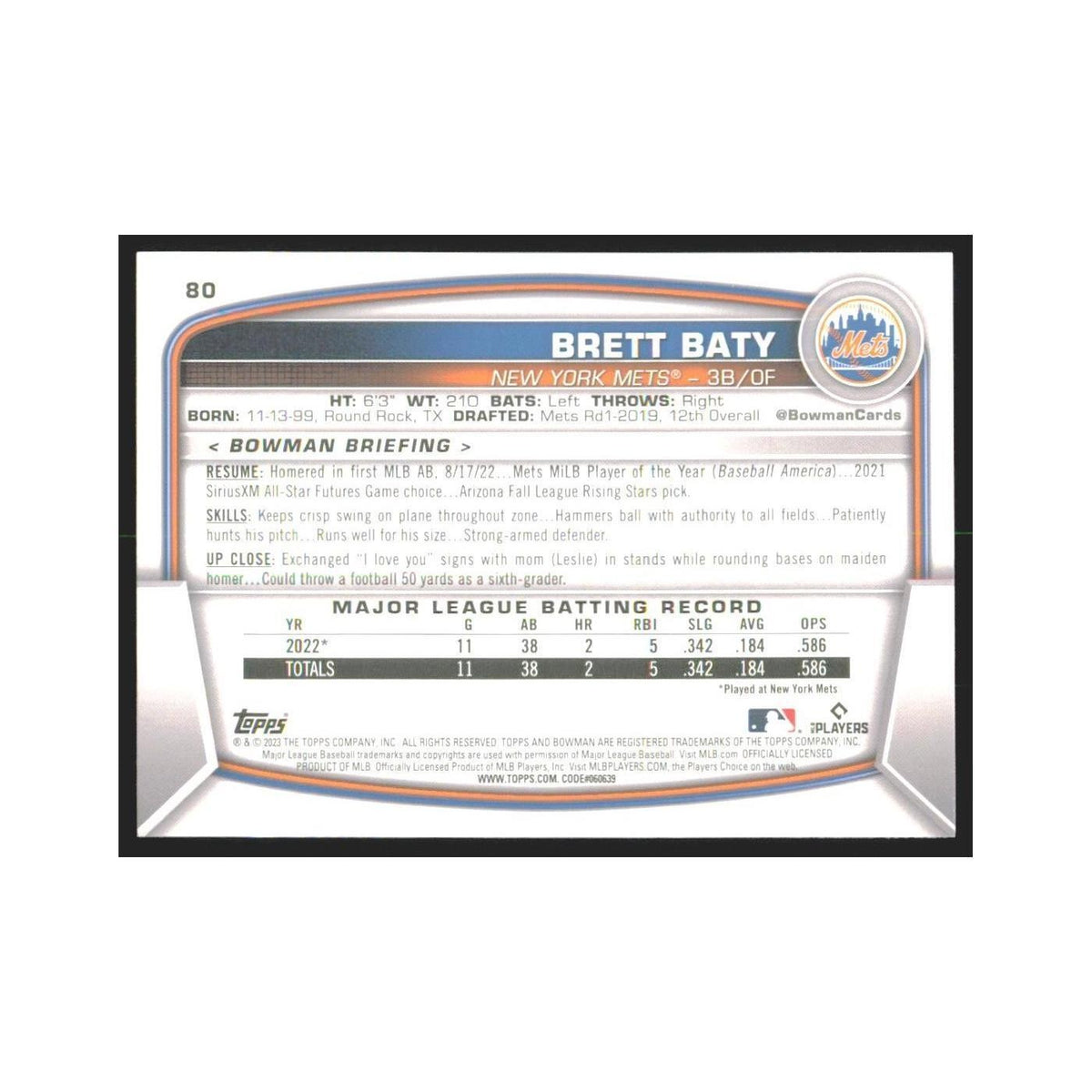 2023 Bowman Brett Baty RC Mets #80