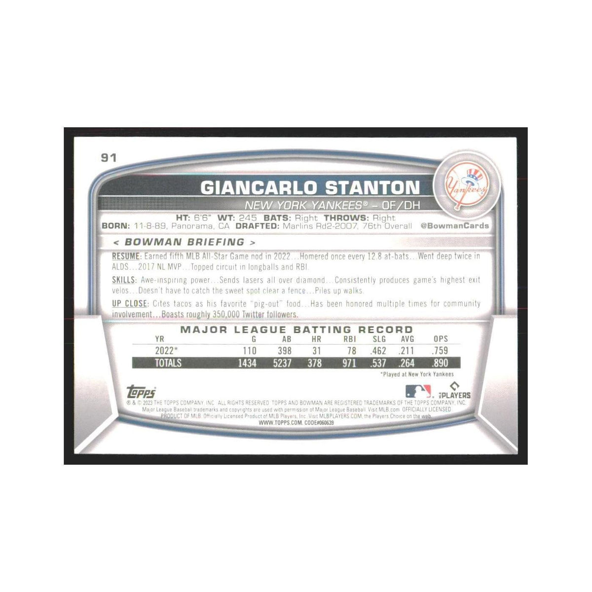 2023 Bowman Giancarlo Stanton Yankees #91