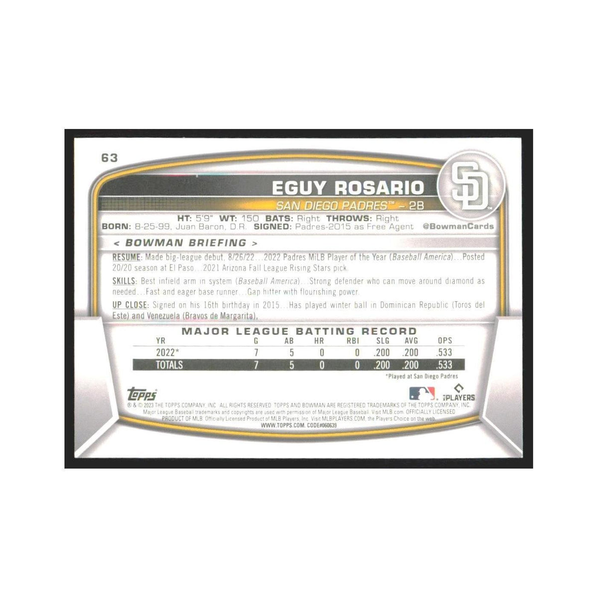 2023 Bowman Eguy Rosario RC Padres #63