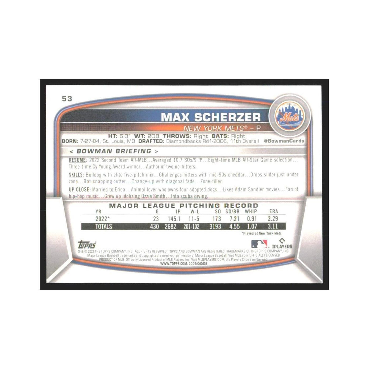 2023 Bowman Max Scherzer Mets #53