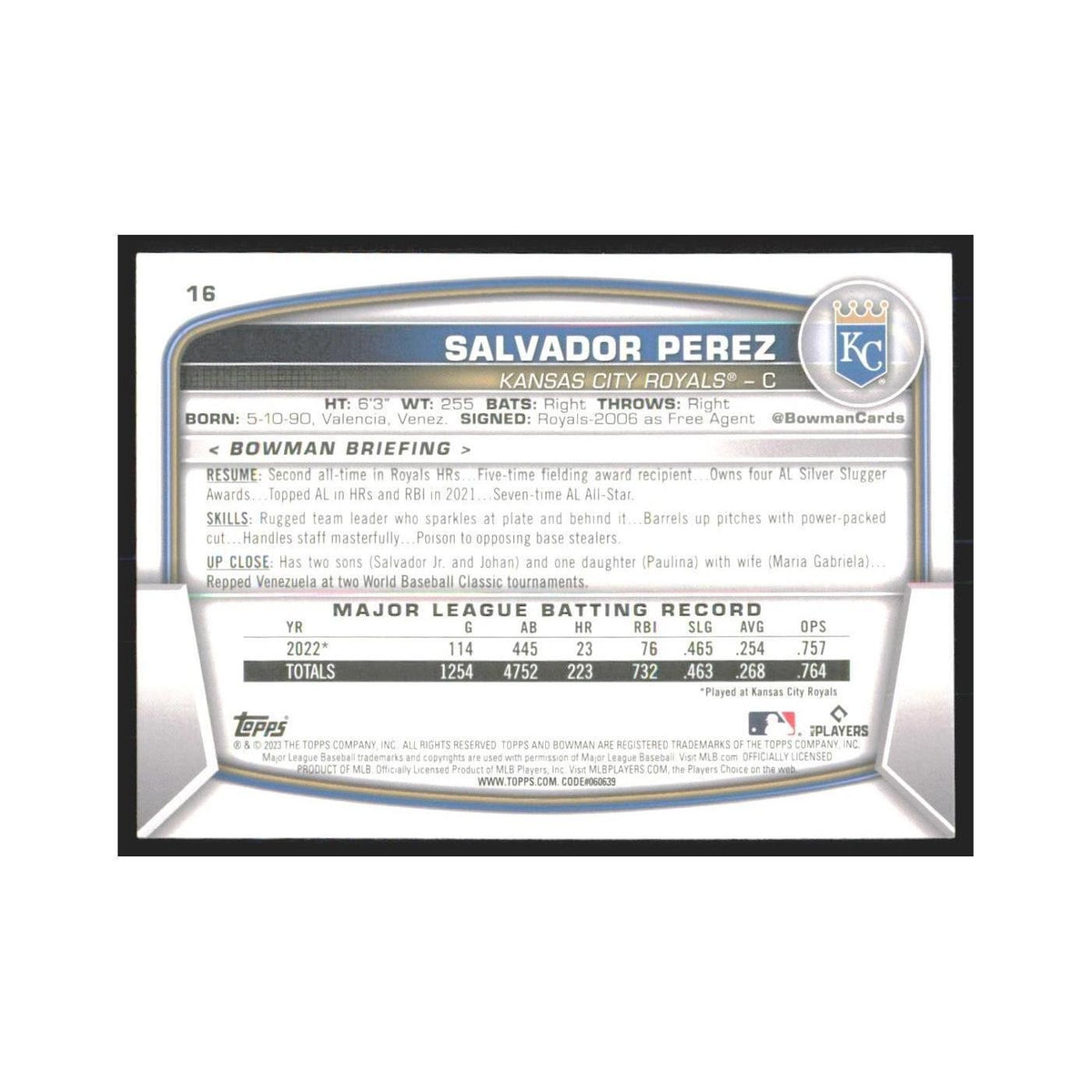 2023 Bowman Salvador Perez Royals #16