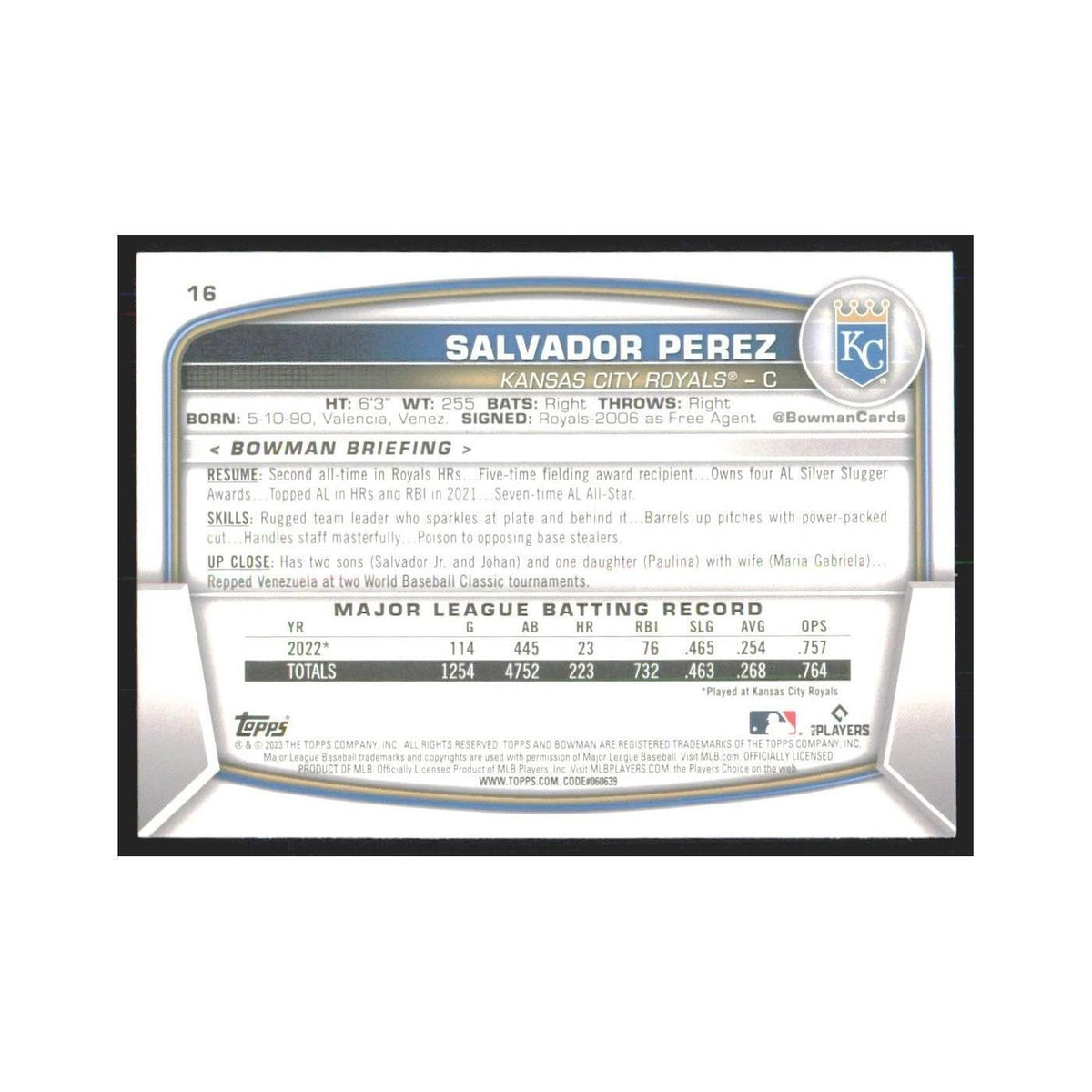 2023 Bowman Salvador Perez Royals #16