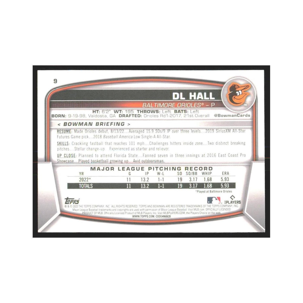 2023 Bowman DL Hall RC Orioles #9