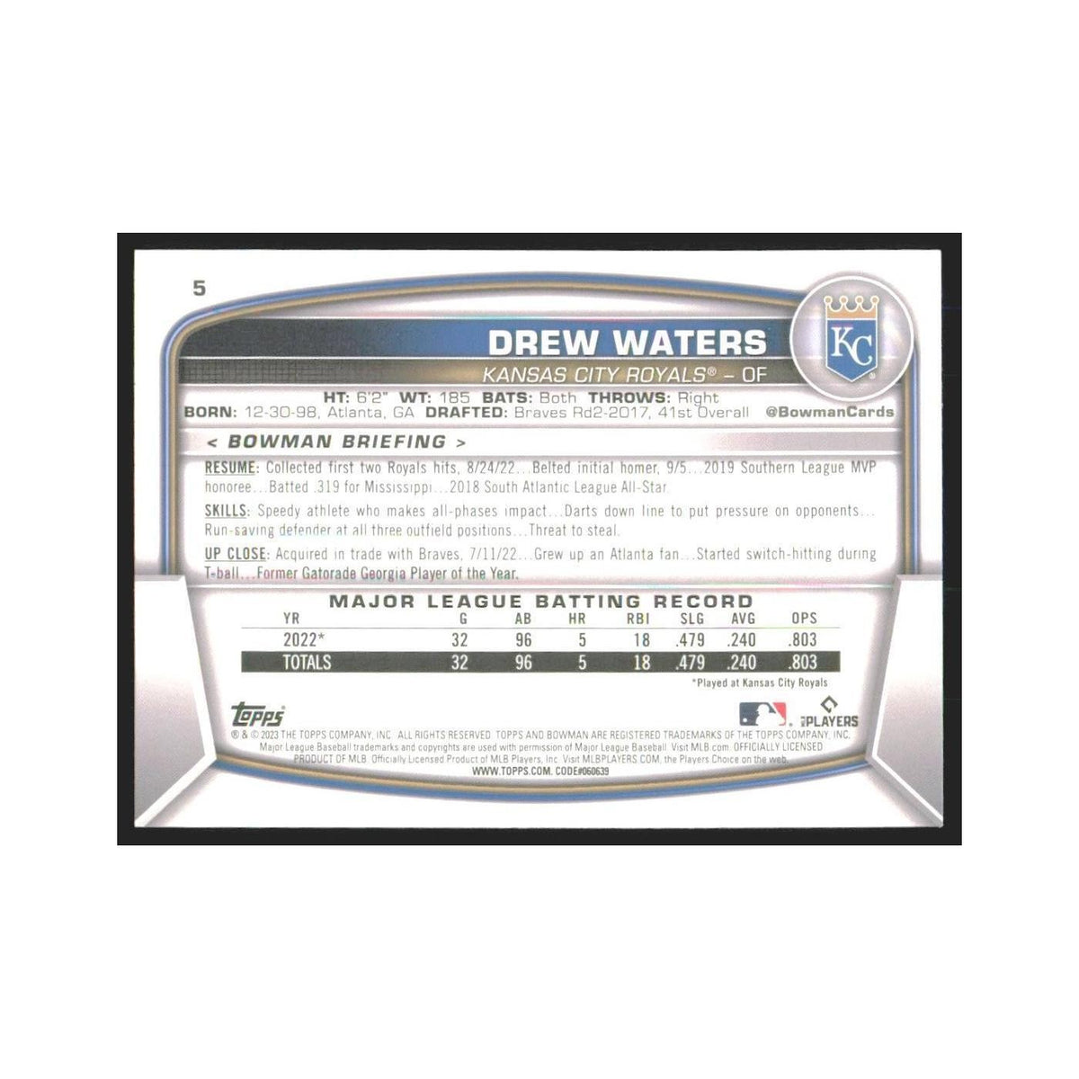 2023 Bowman Drew Waters RC Royals #5