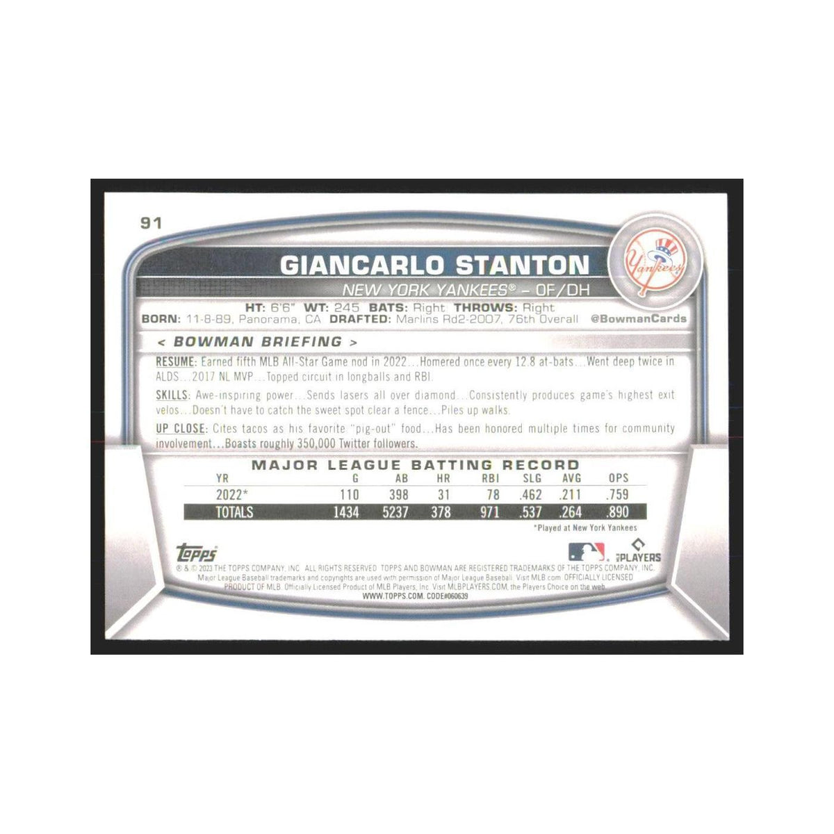 2023 Bowman Giancarlo Stanton Yankees #91