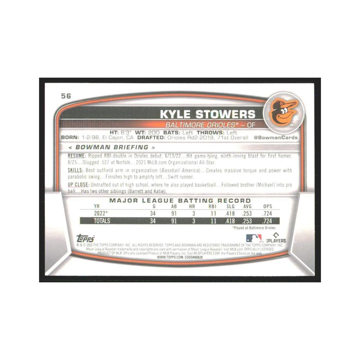 2023 Bowman Kyle Stowers RC Orioles #56