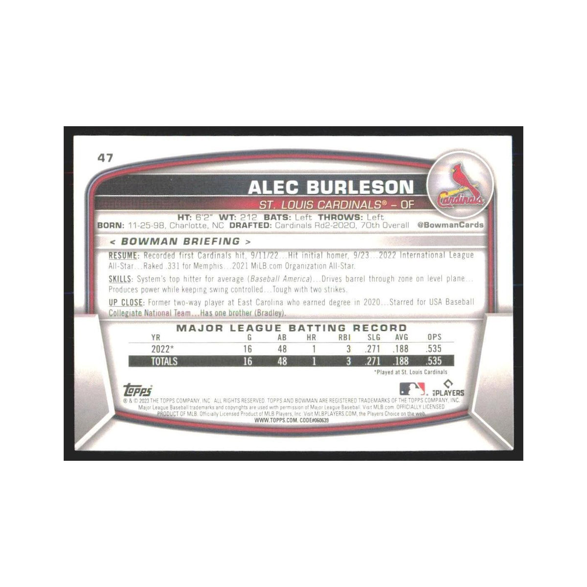 2023 Bowman Alec Burleson RC Cardinals #47