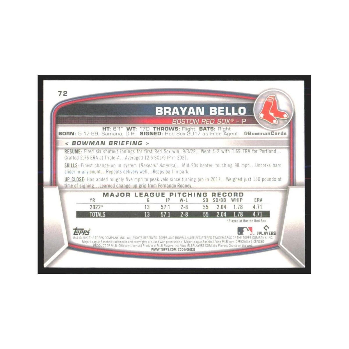 2023 Bowman Brayan Bello RC Red Sox #72
