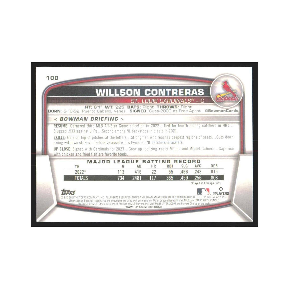 2023 Bowman Willson Contreras Cardinals #100