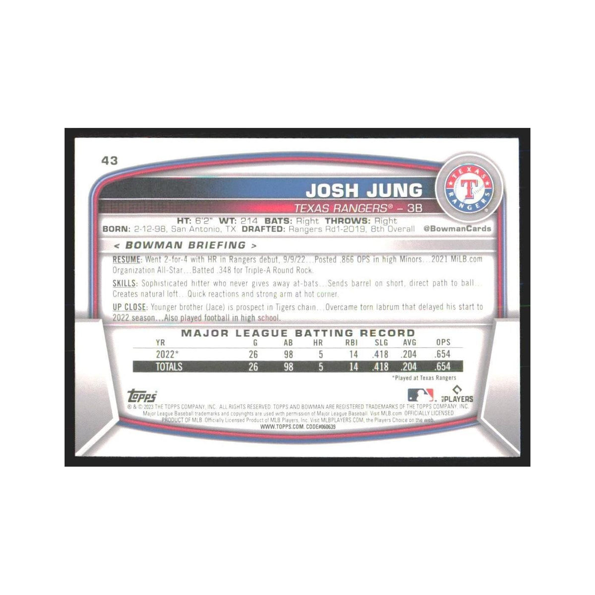 2023 Bowman Josh Jung RC Rangers #43