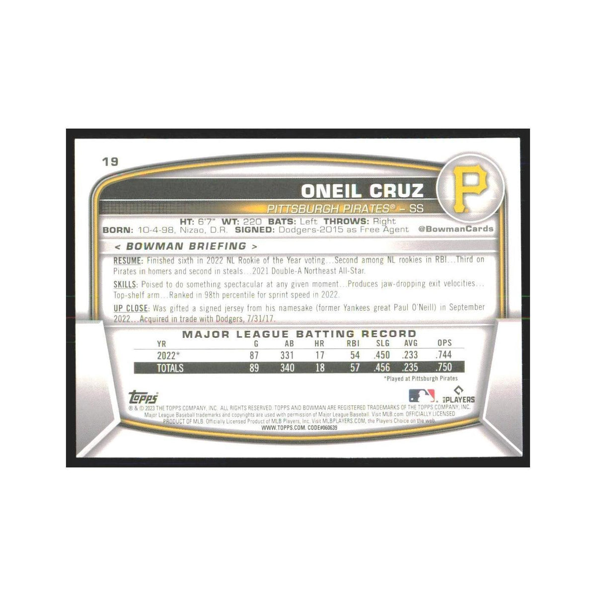 2023 Bowman Oneil Cruz Pirates #19