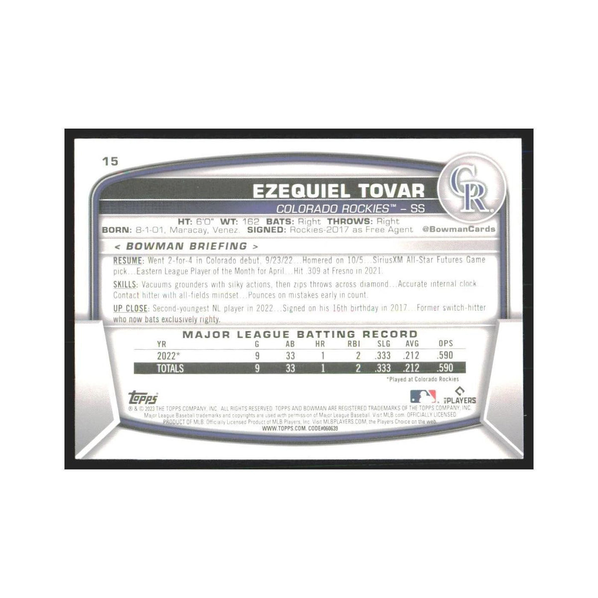 2023 Bowman Ezequiel Tovar RC Rockies #15