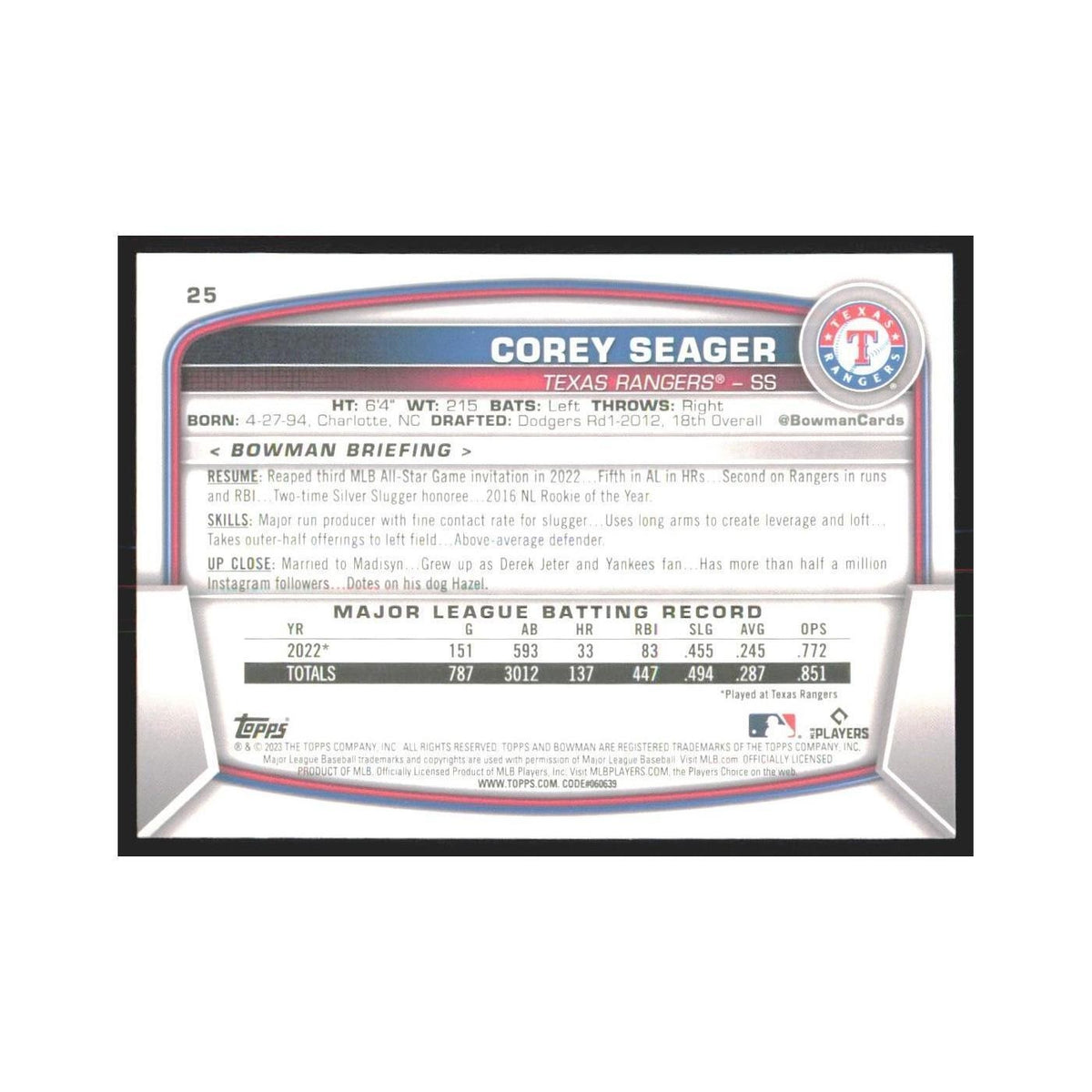 2023 Bowman Corey Seager Rangers #25