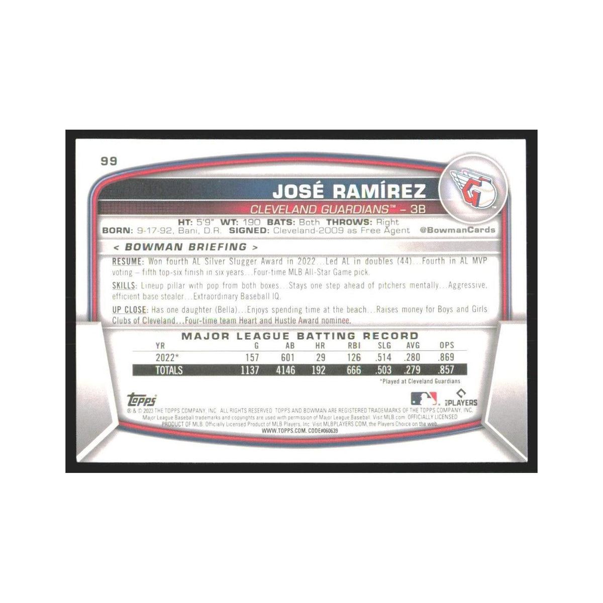2023 Bowman Jose Ramirez Guardians #99