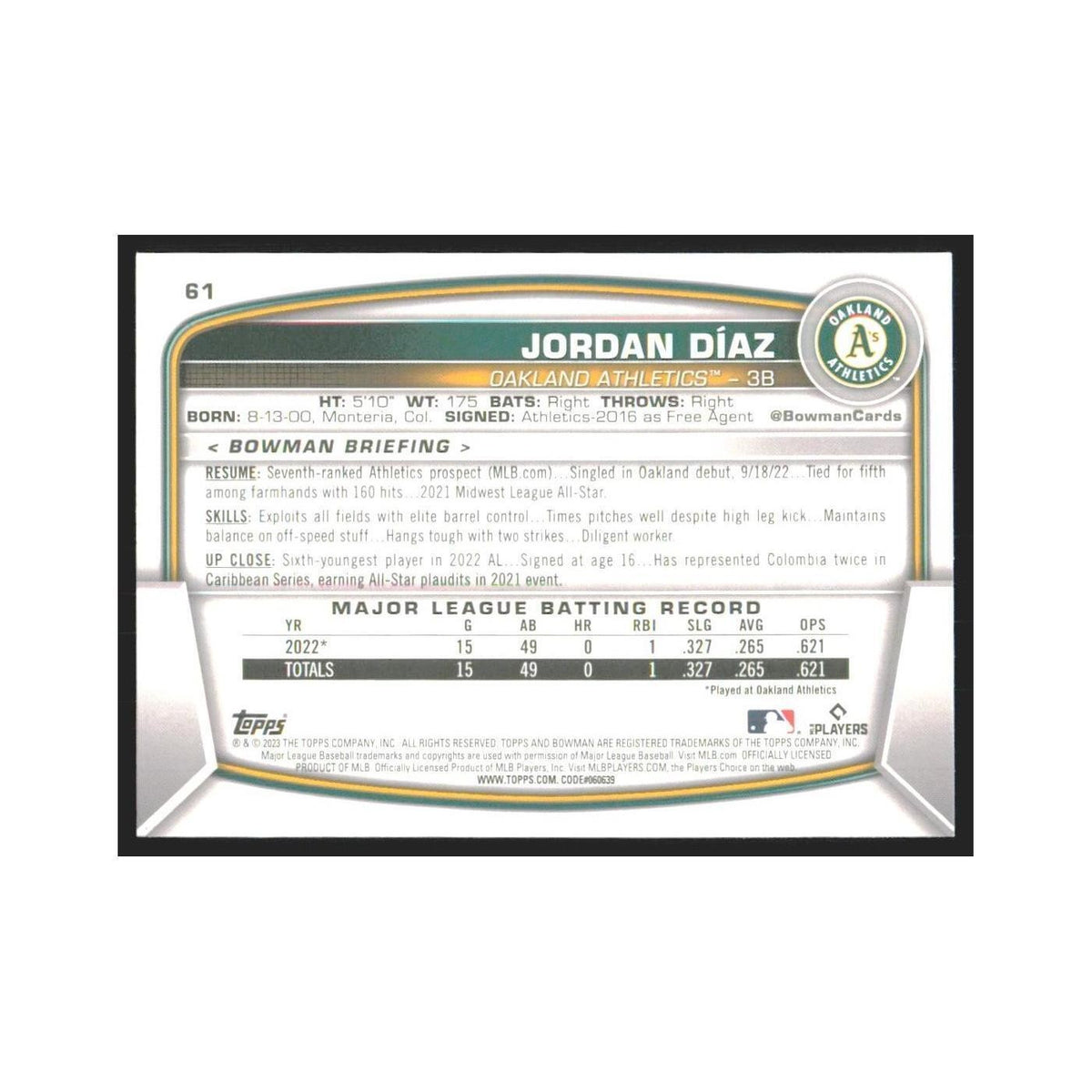 2023 Bowman Jordan Diaz RC Athletics #61
