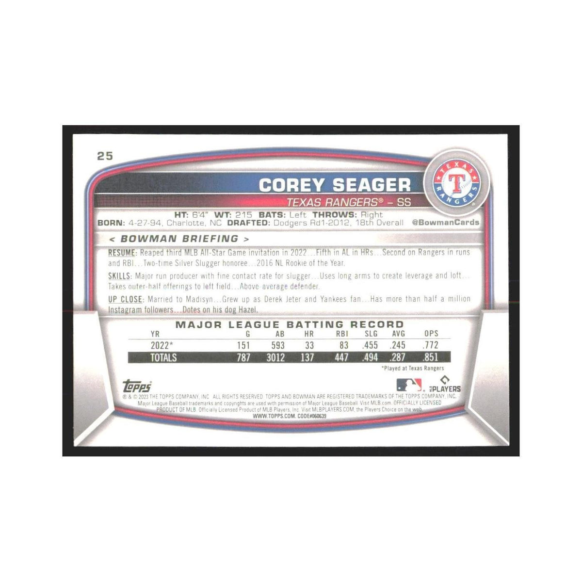 2023 Bowman Corey Seager Rangers #25