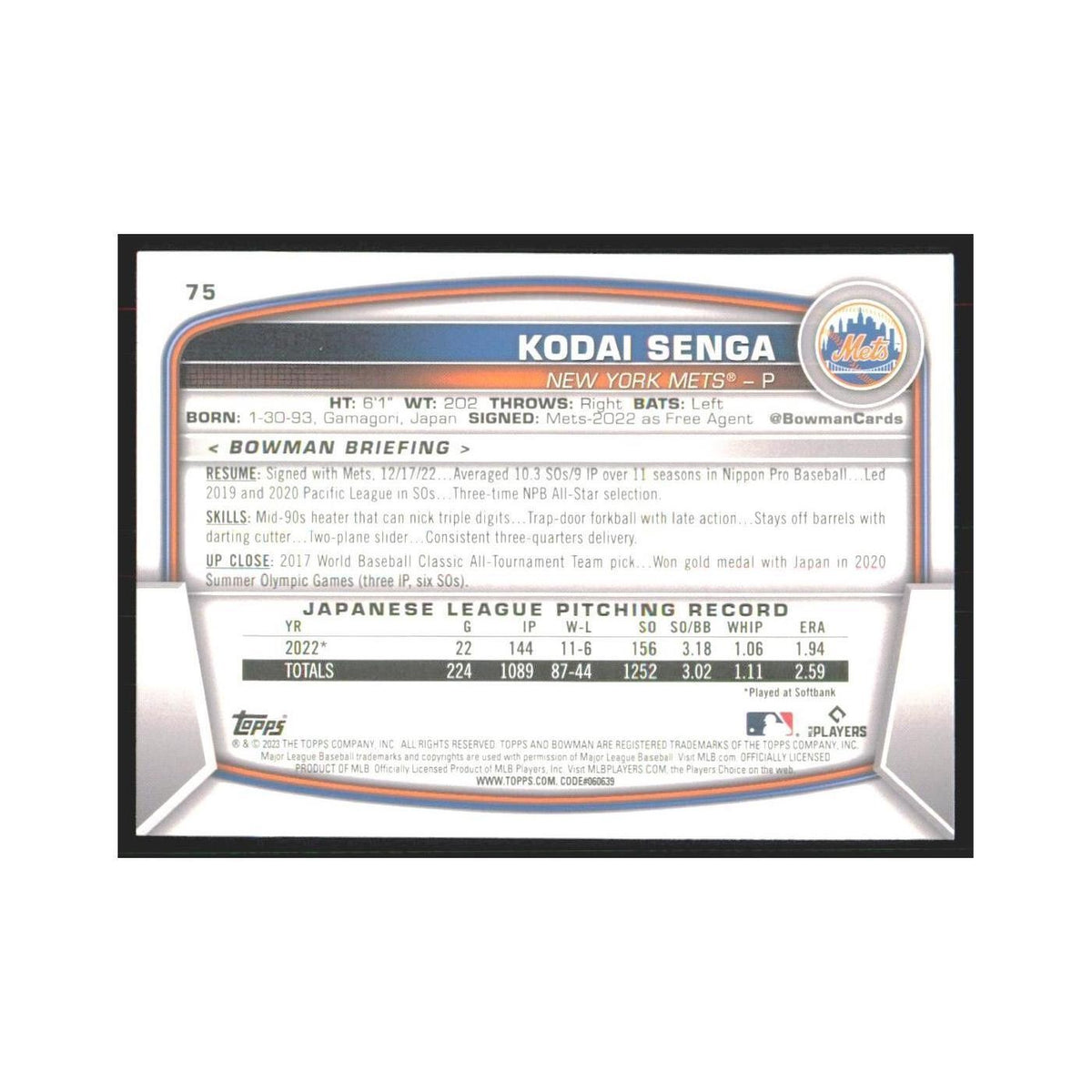 2023 Bowman Kodai Senga RC Mets #75