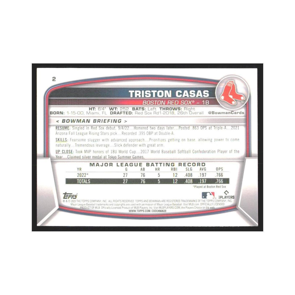2023 Bowman Triston Casas RC Red Sox #2