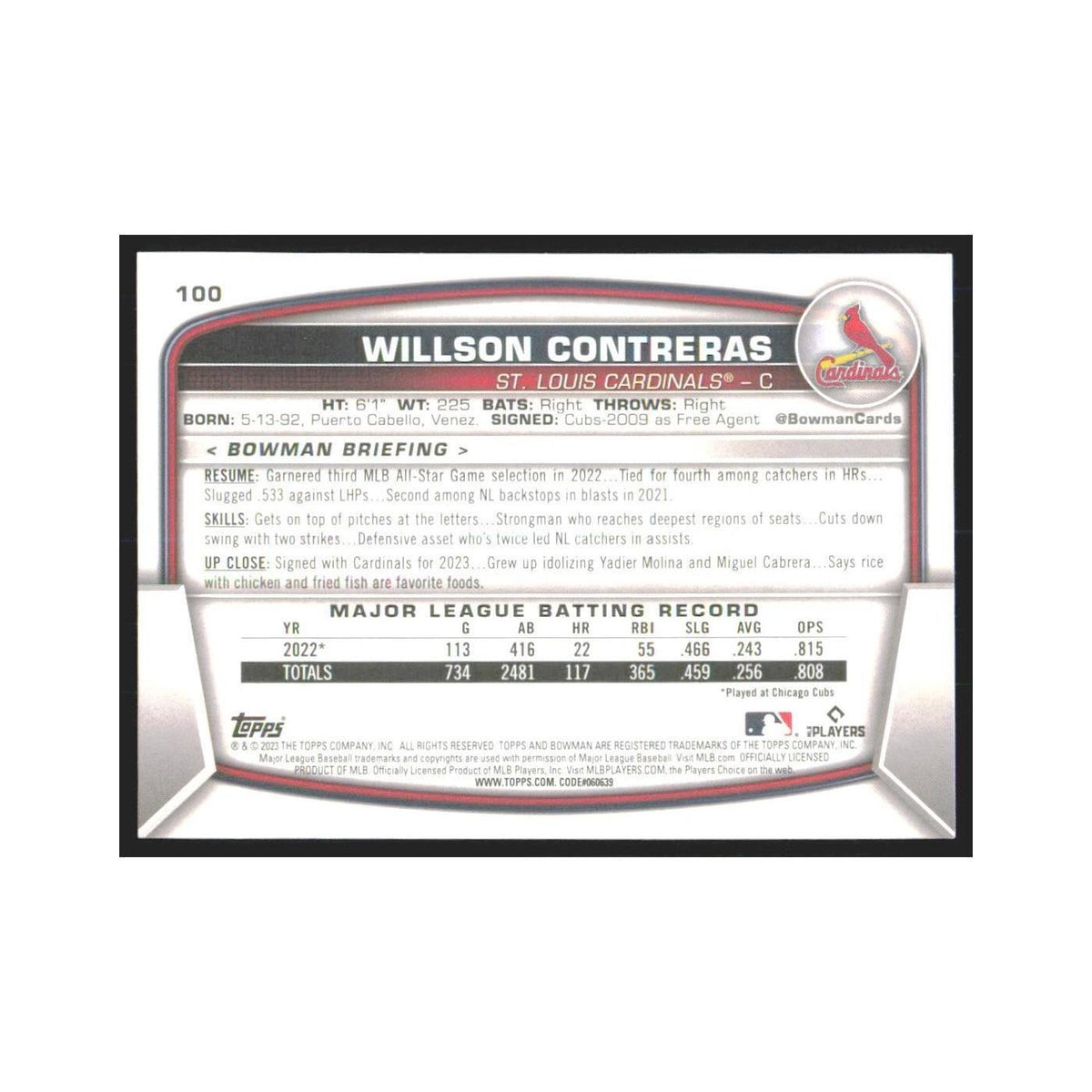 2023 Bowman Willson Contreras Cardinals #100