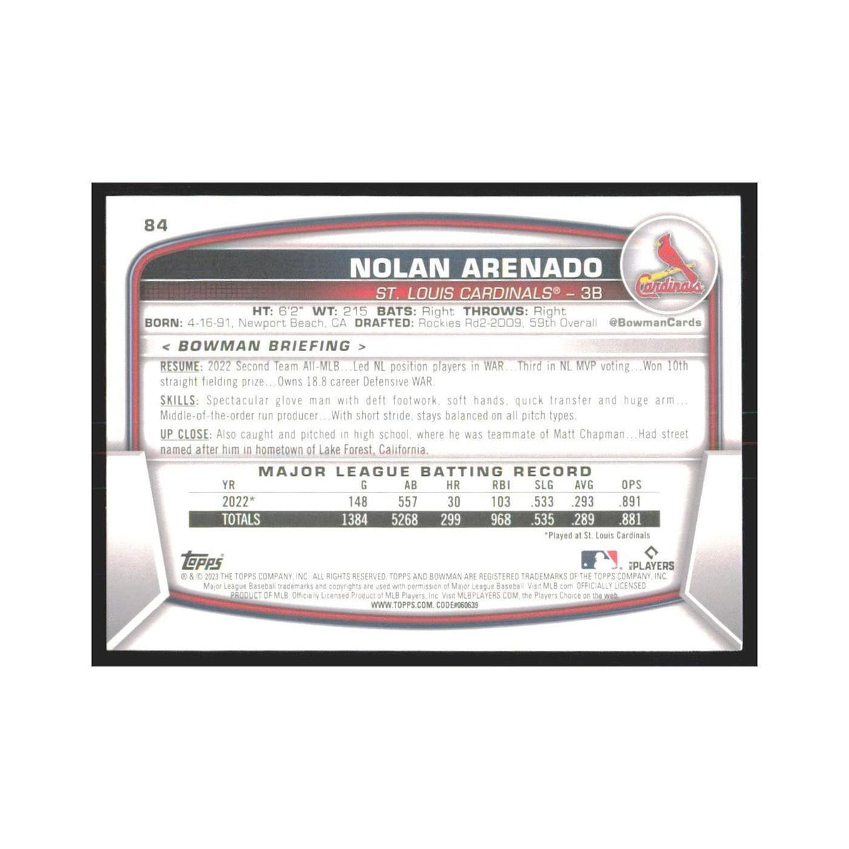 2023 Bowman Nolan Arenado Cardinals #84