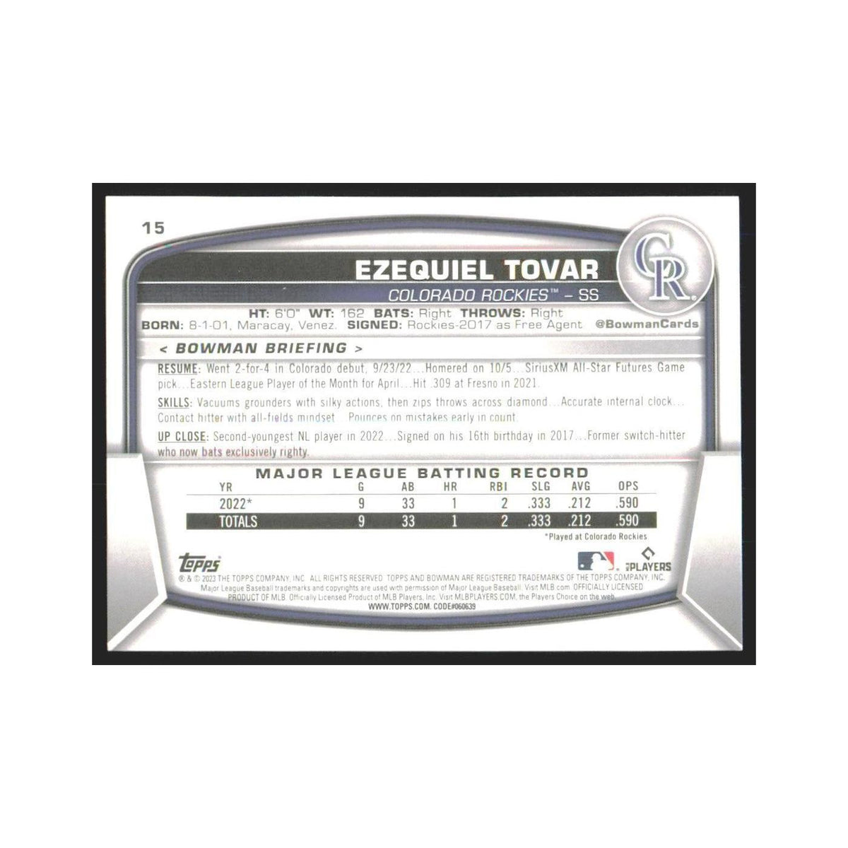 2023 Bowman Ezequiel Tovar RC Rockies #15