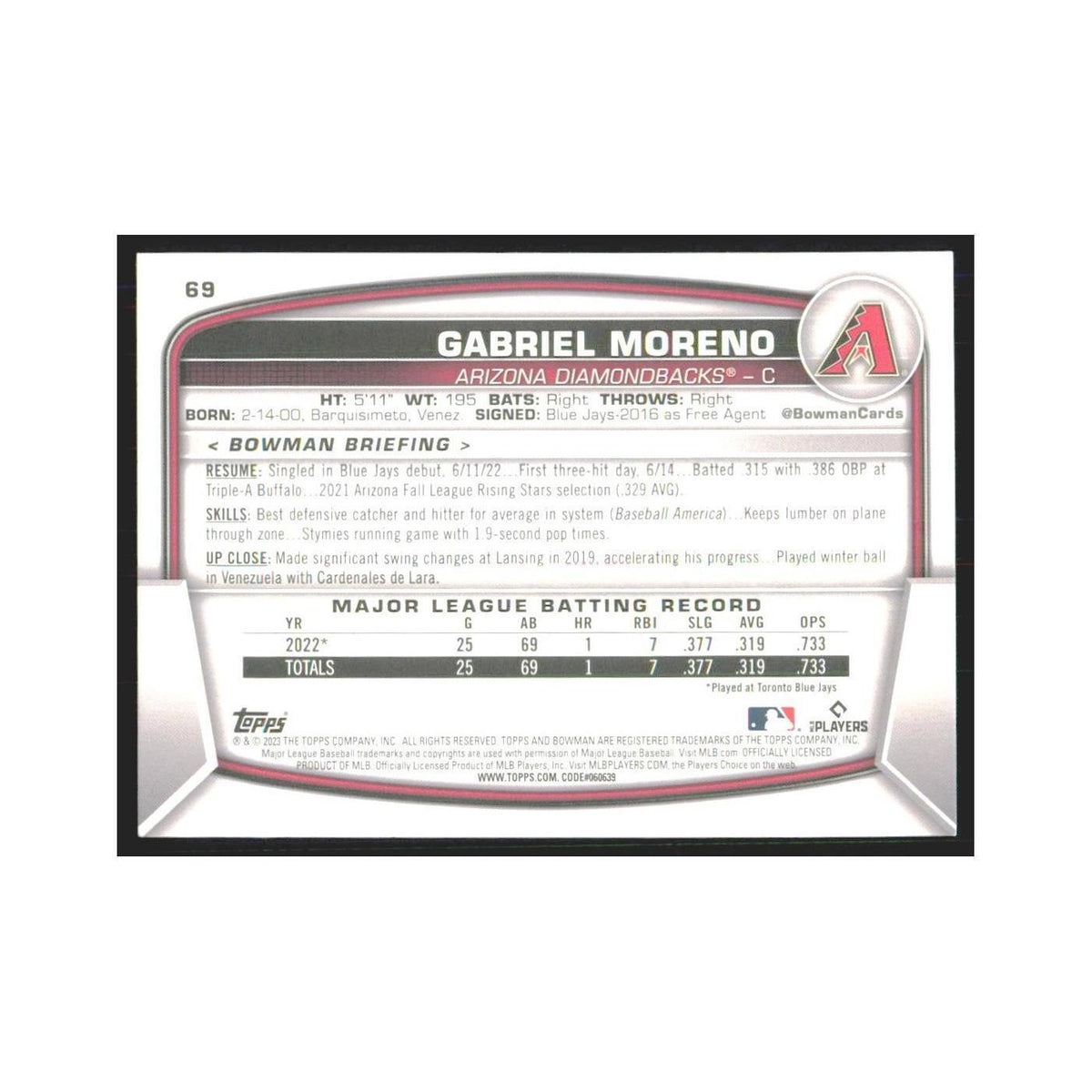 2023 Bowman Gabriel Moreno RC Diamondbacks #69