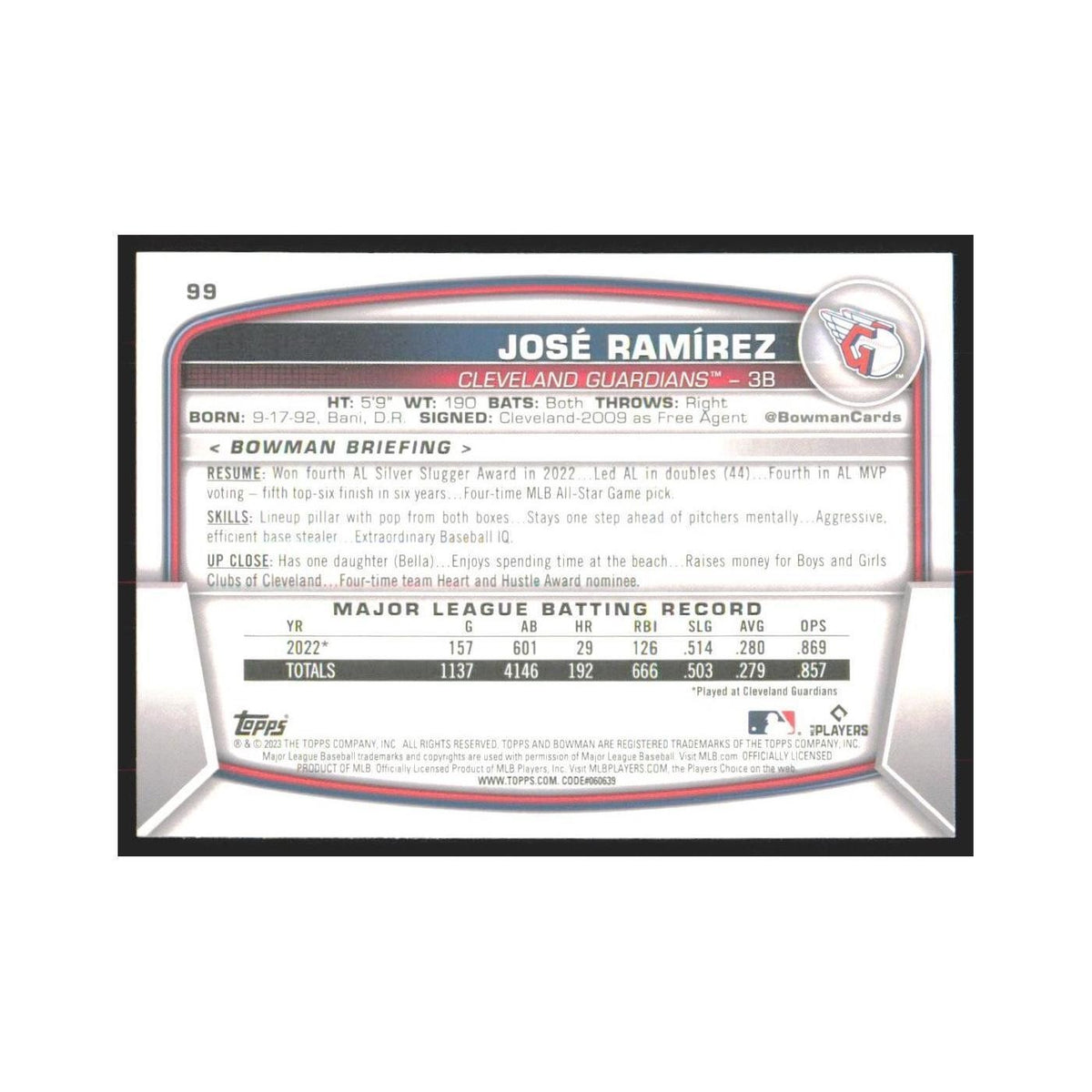 2023 Bowman Jose Ramirez Guardians #99