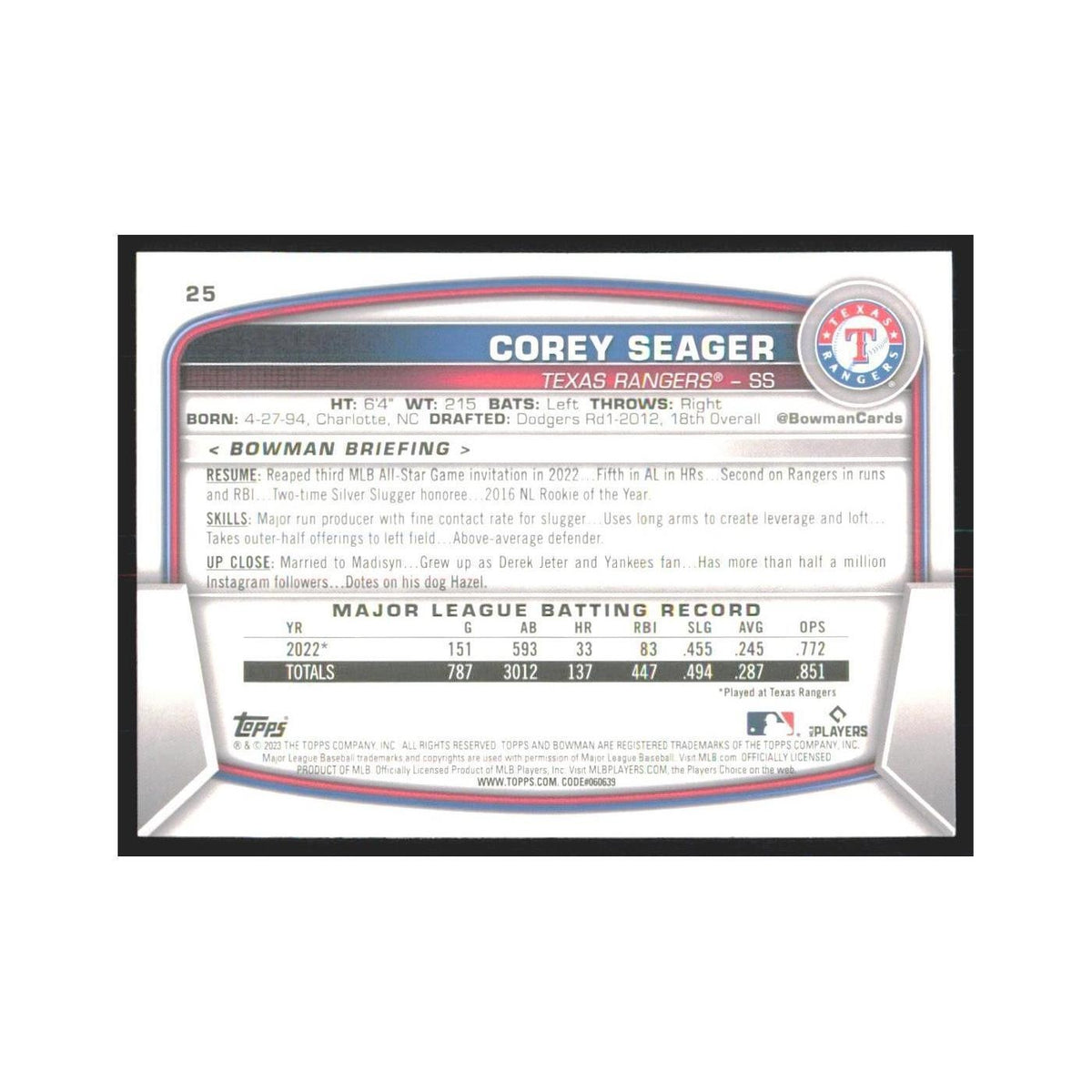 2023 Bowman Corey Seager Rangers #25