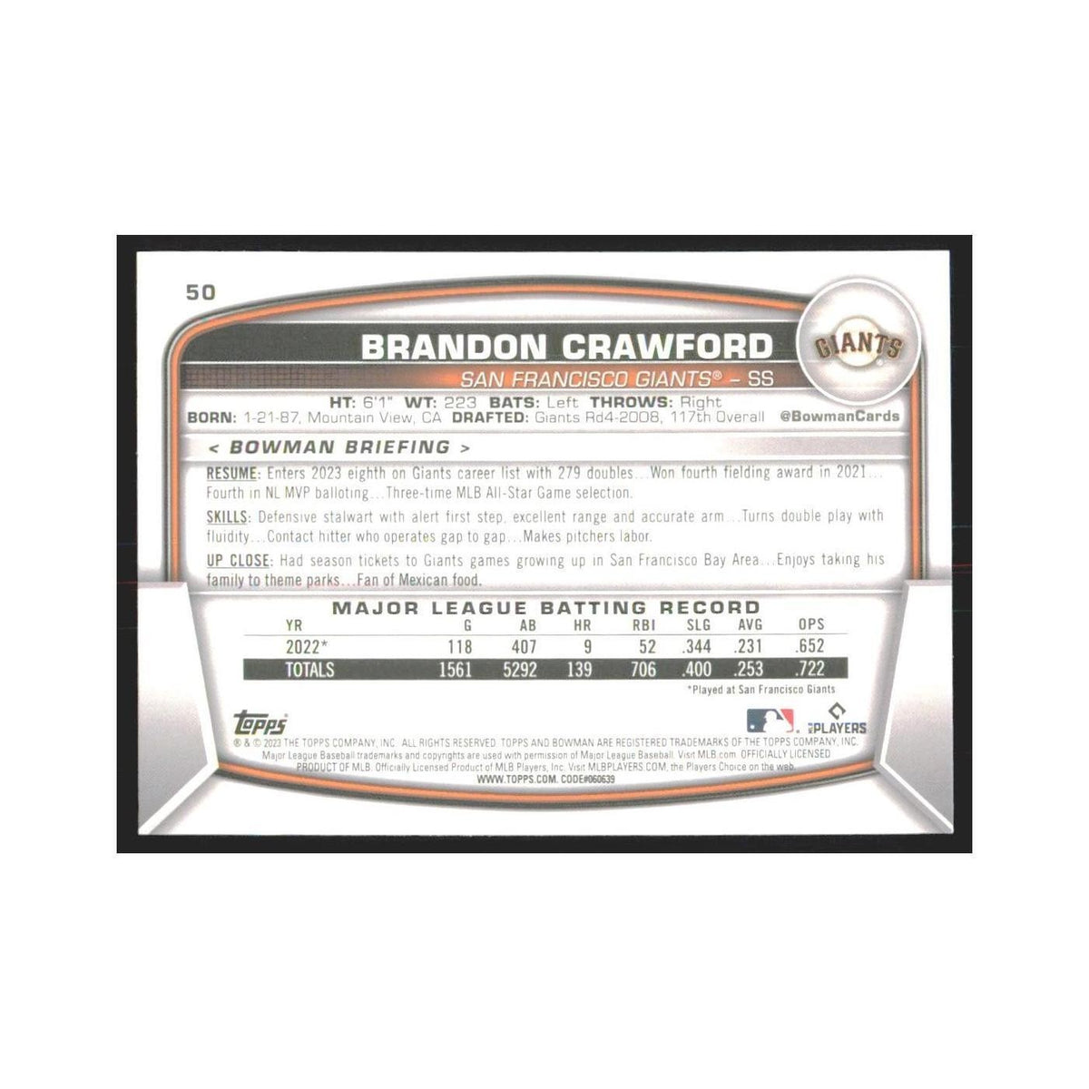 2023 Bowman Brandon Crawford Giants #50