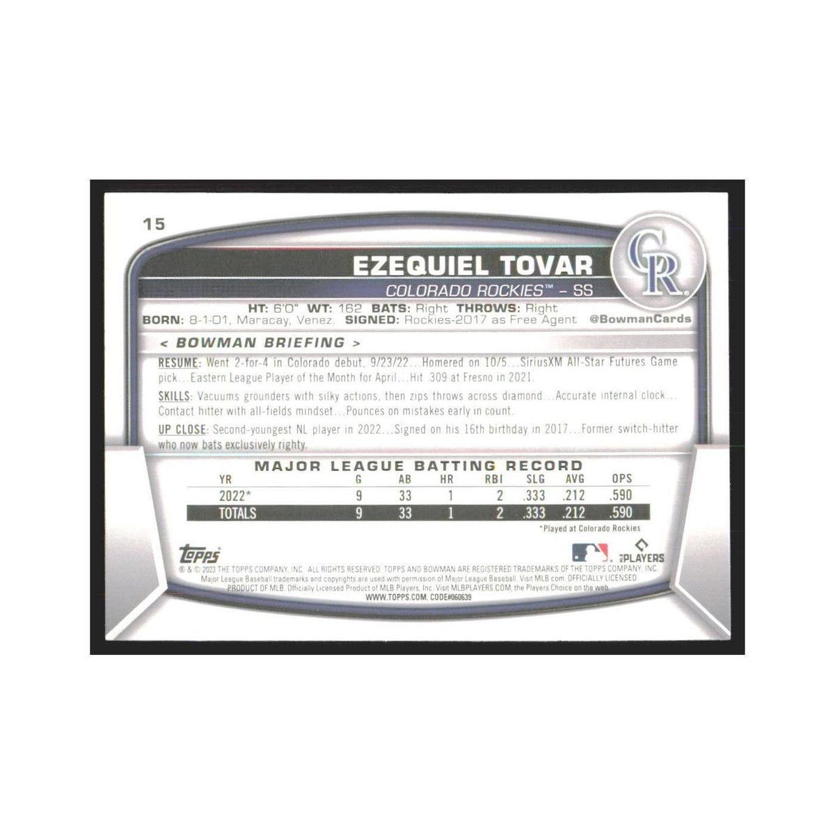 2023 Bowman Ezequiel Tovar RC Rockies #15
