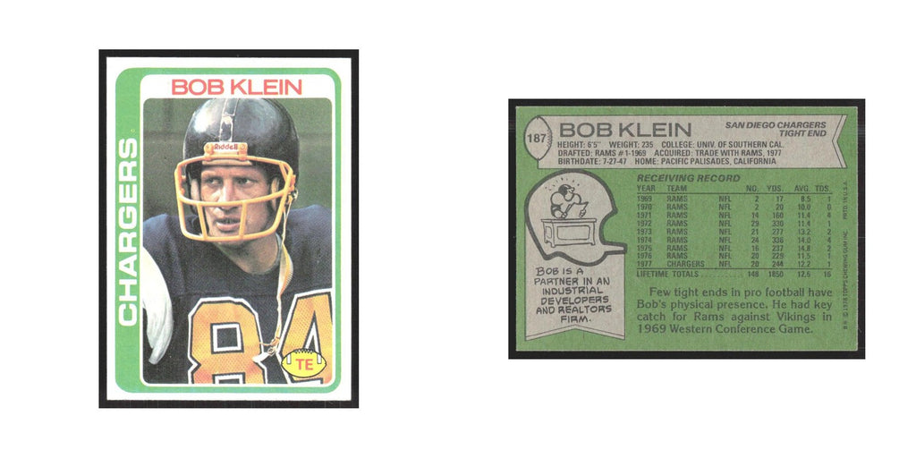 1978 Topps Bob Klein San Diego Chargers #187