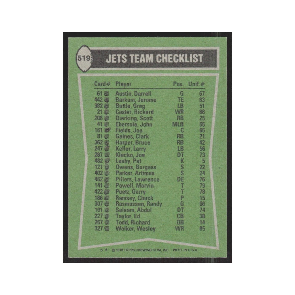 1978 Topps Clark Gaines/Wesley Walker/Burgess Owens/Joe Klecko Jets #519