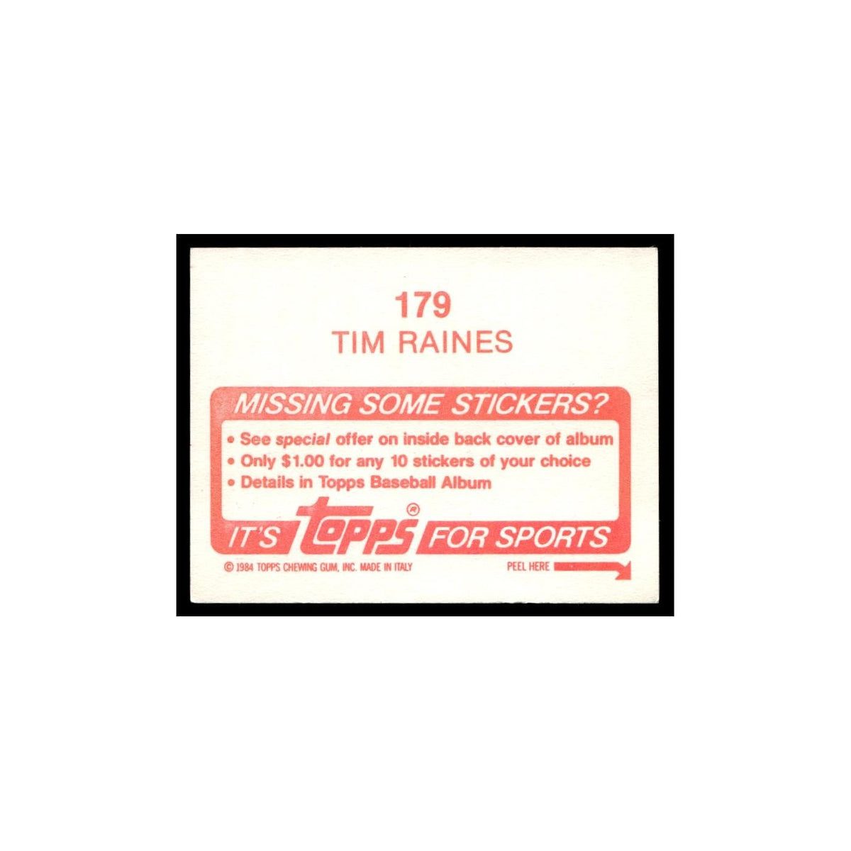 Tim Raines 1984 Topps Stickers #179 Montreal Expos Baseball Card EX