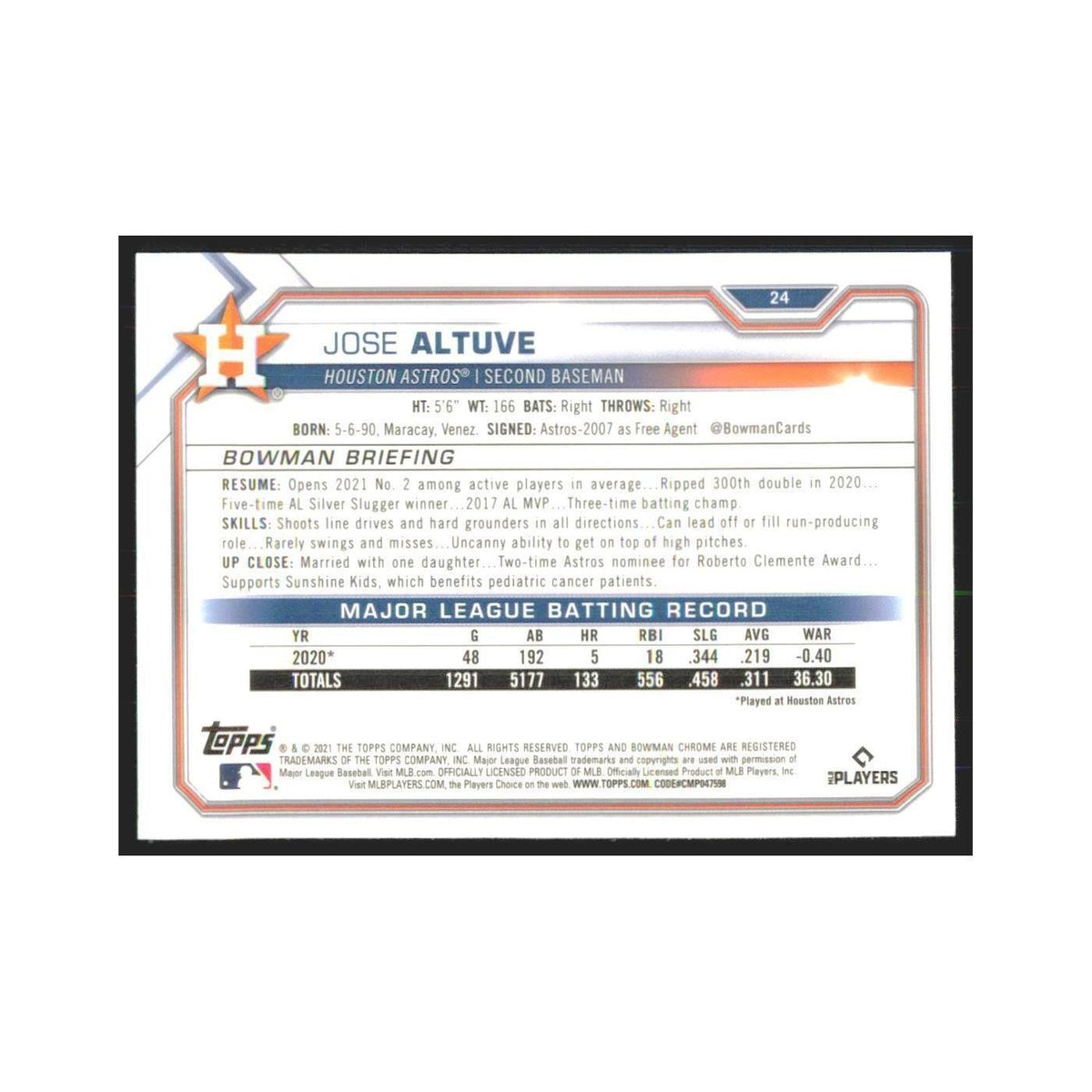 2021 Bowman Chrome Jose Altuve Astros #24